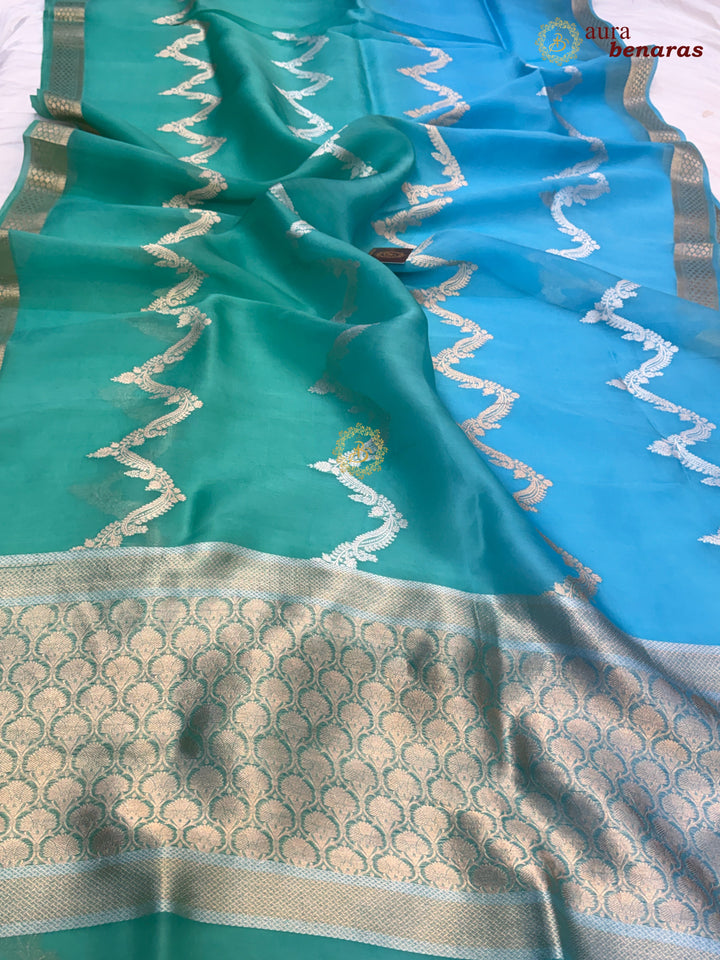 Blue-Sea Green shaded Kora Silk Banarasi Saree Leheriya Zari Pattern