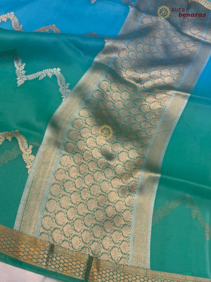 Blue-Sea Green shaded Kora Silk Banarasi Saree Leheriya Zari Pattern