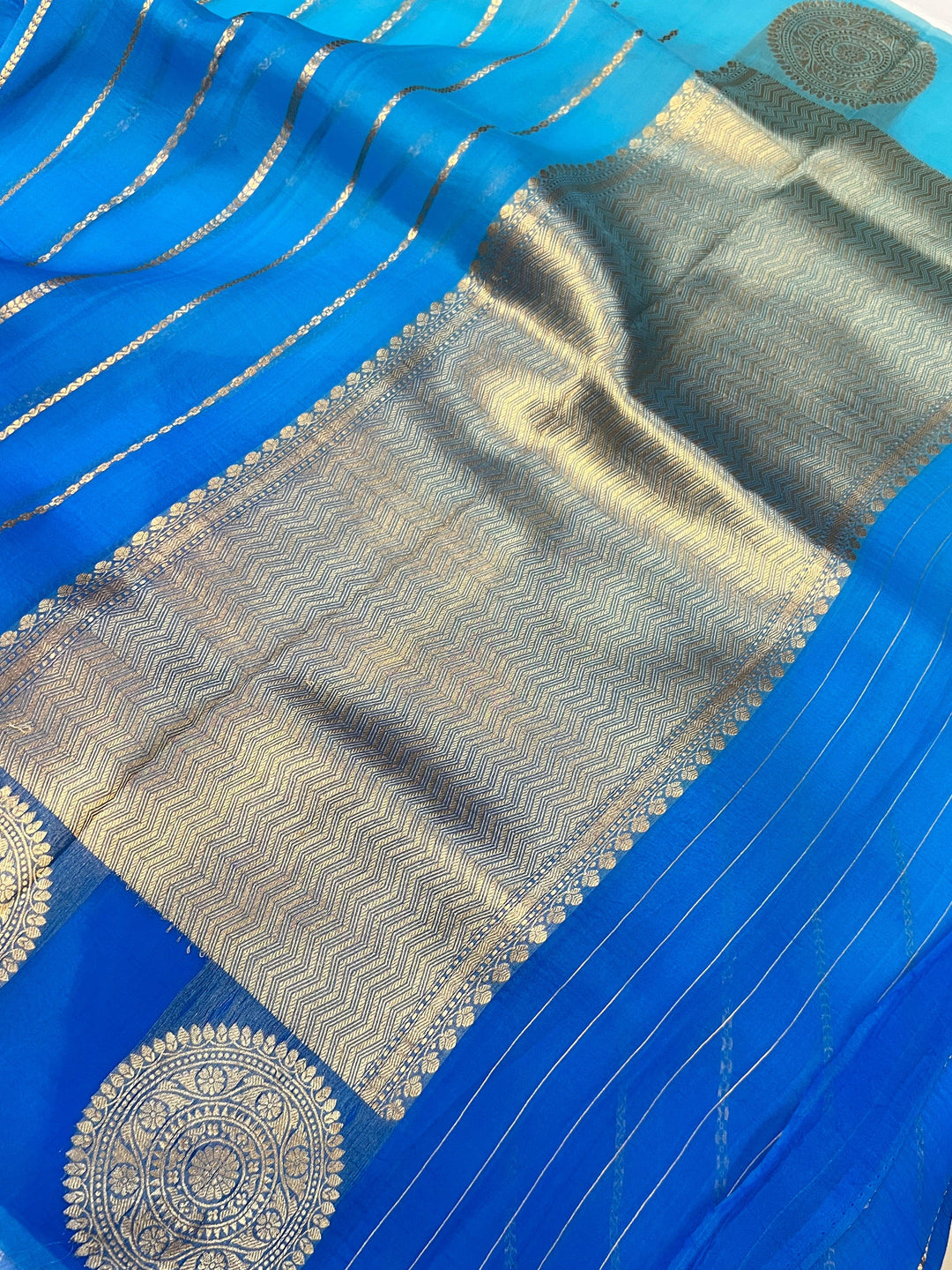 Blue Shaded Banarasi Handloom Kora Silk Saree - Aura Benaras