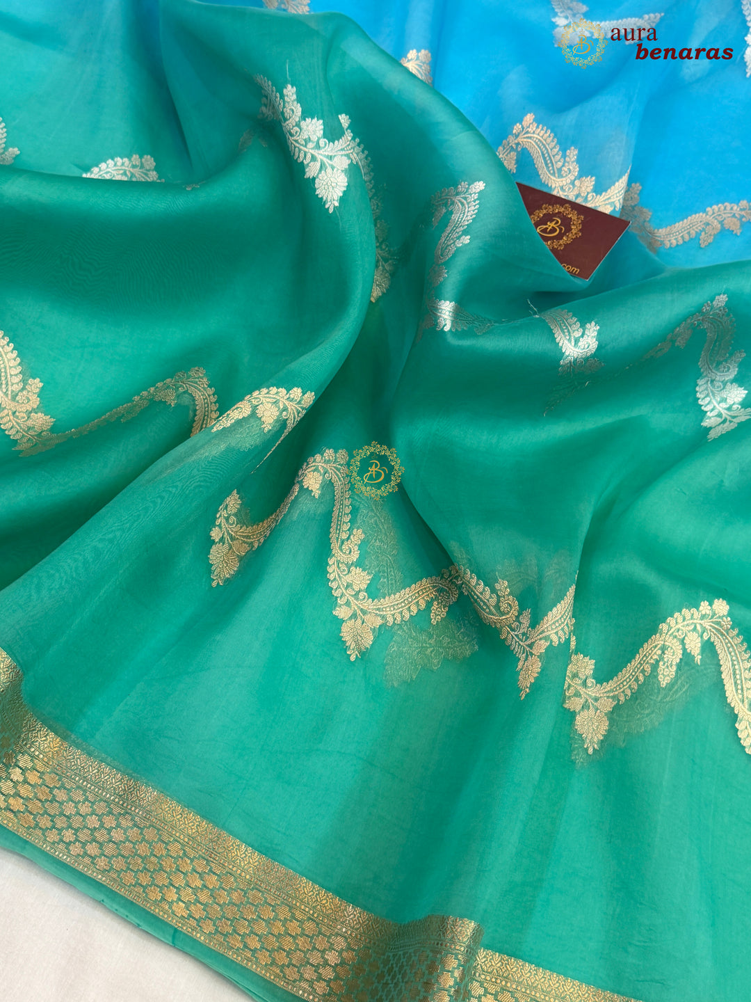 Blue-Sea Green shaded Kora Silk Banarasi Saree Leheriya Zari Pattern