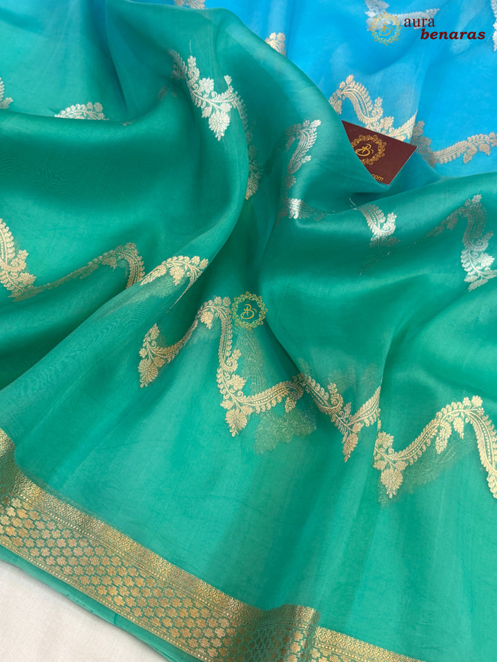 Blue-Sea Green shaded Kora Silk Banarasi Saree Leheriya Zari Pattern