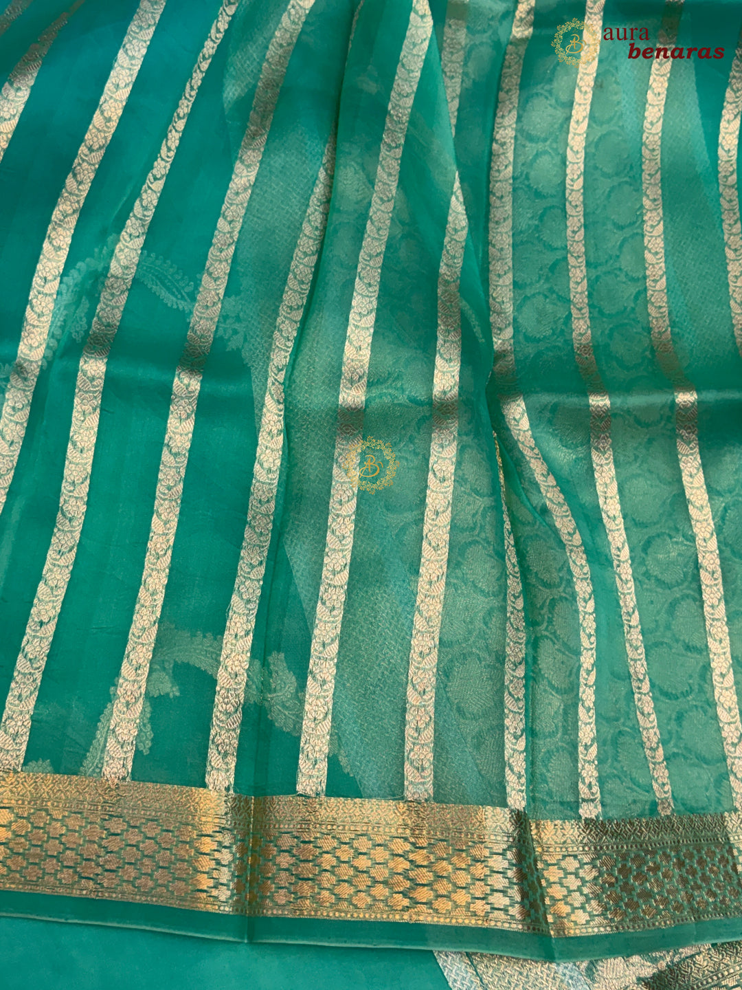 Blue-Sea Green shaded Kora Silk Banarasi Saree Leheriya Zari Pattern