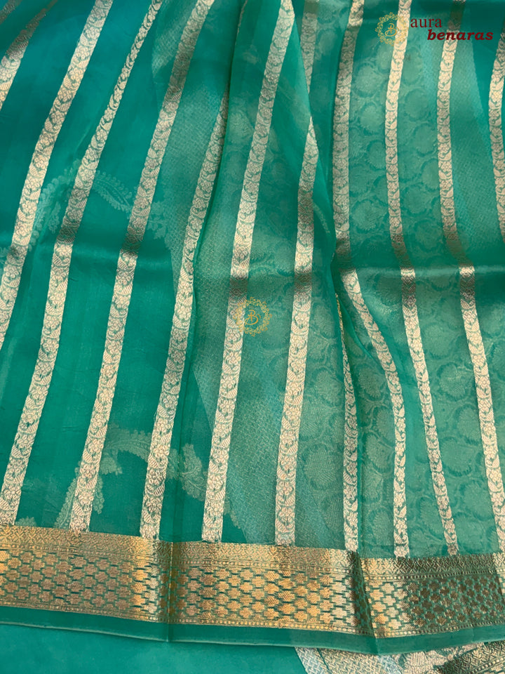 Blue-Sea Green shaded Kora Silk Banarasi Saree Leheriya Zari Pattern
