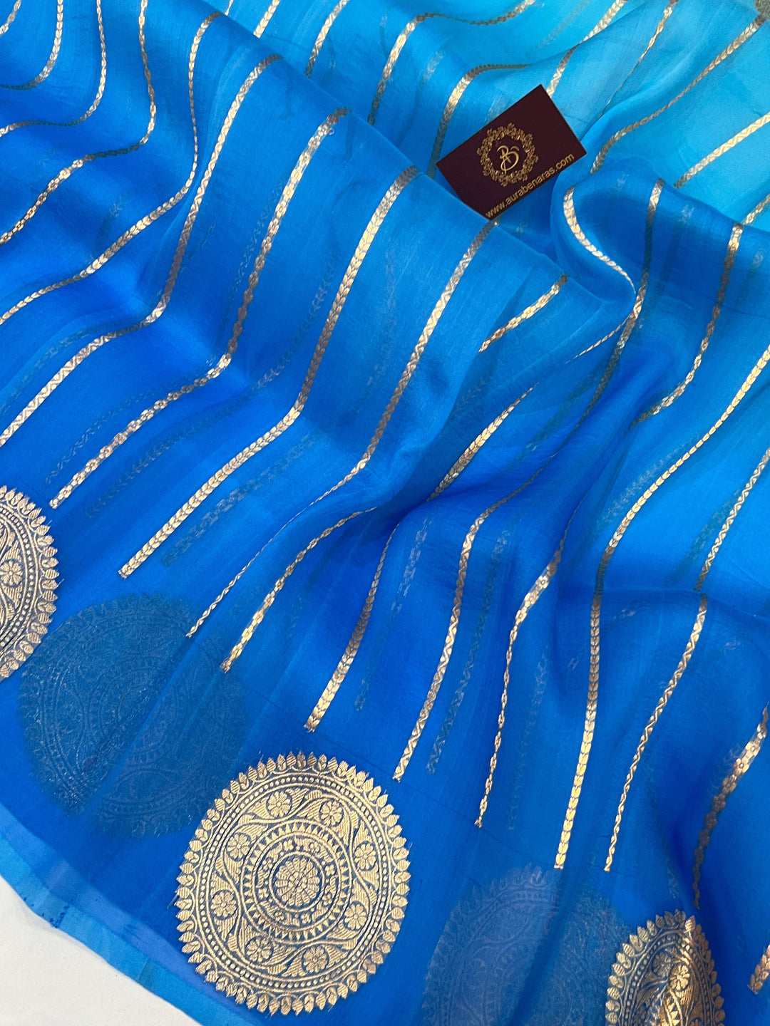 Blue Shaded Banarasi Handloom Kora Silk Saree - Aura Benaras