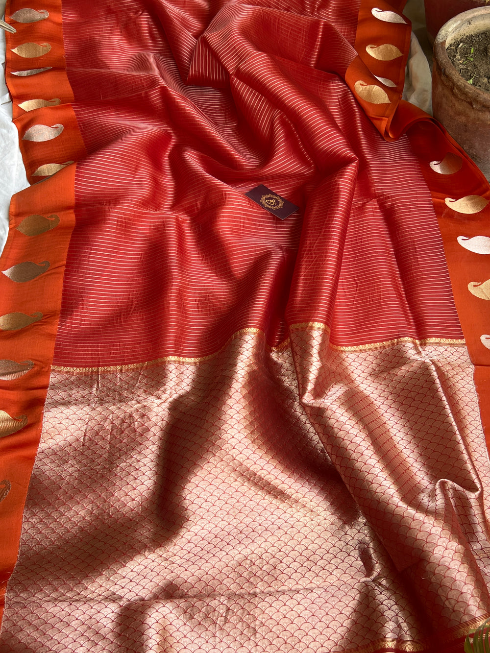 Orange Banarasi Handloom Kora Silk Saree