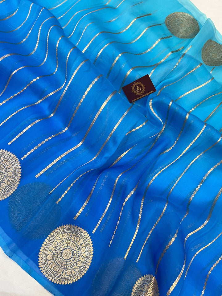 Blue Shaded Banarasi Handloom Kora Silk Saree - Aura Benaras