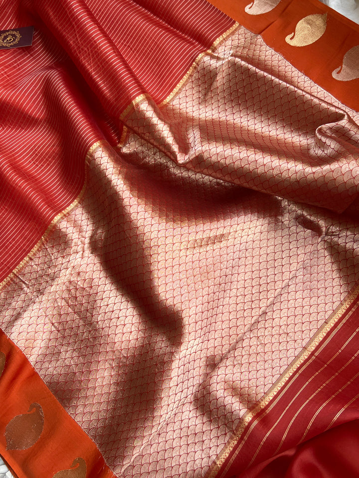 Orange Banarasi Handloom Kora Silk Saree