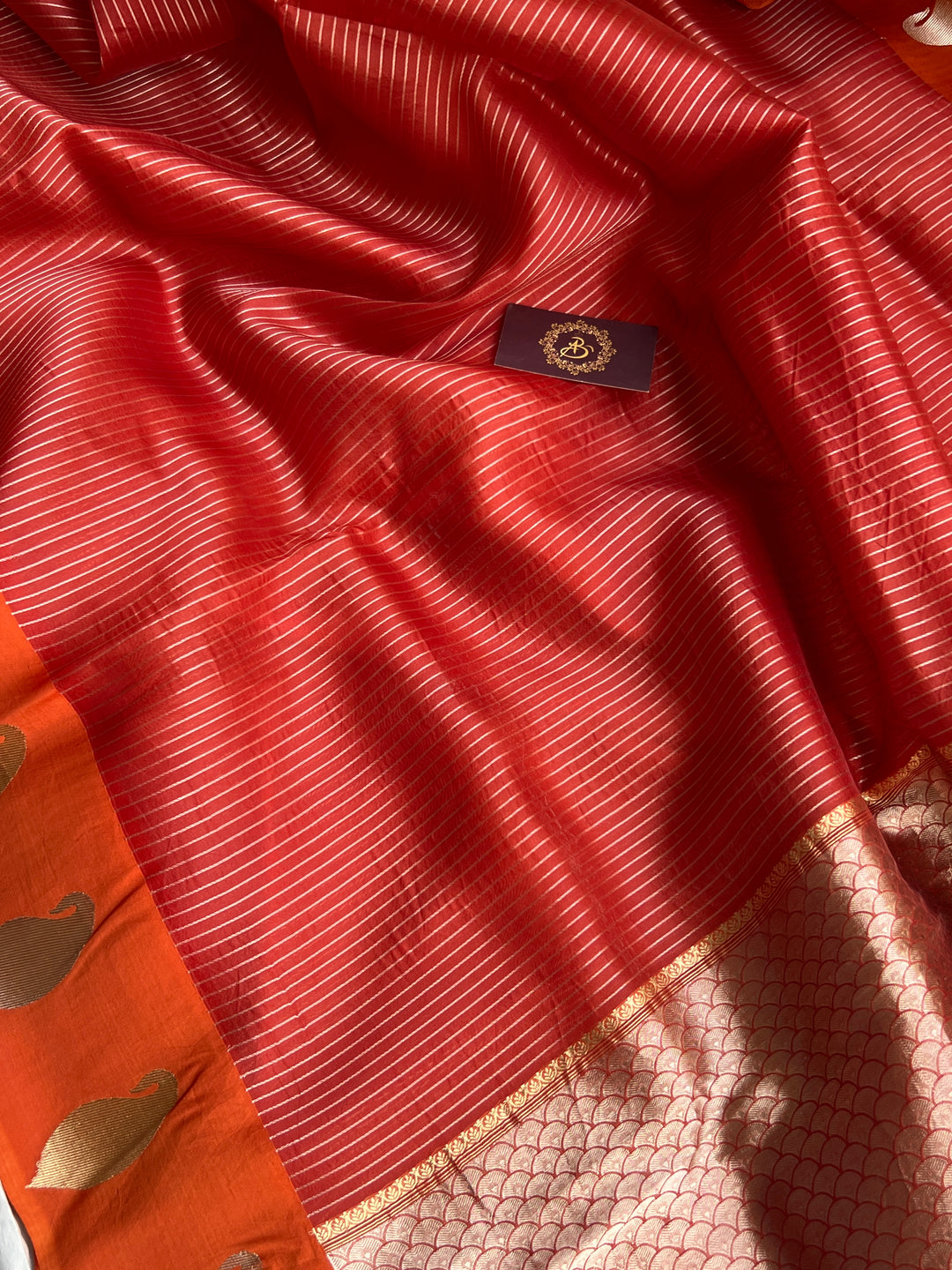 Orange Banarasi Handloom Kora Silk Saree