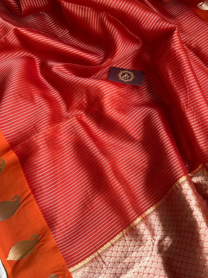 Orange Banarasi Handloom Kora Silk Saree