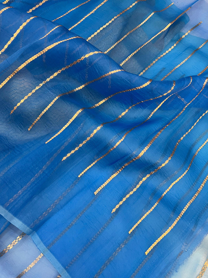 Blue Shaded Banarasi Handloom Kora Silk Saree - Aura Benaras
