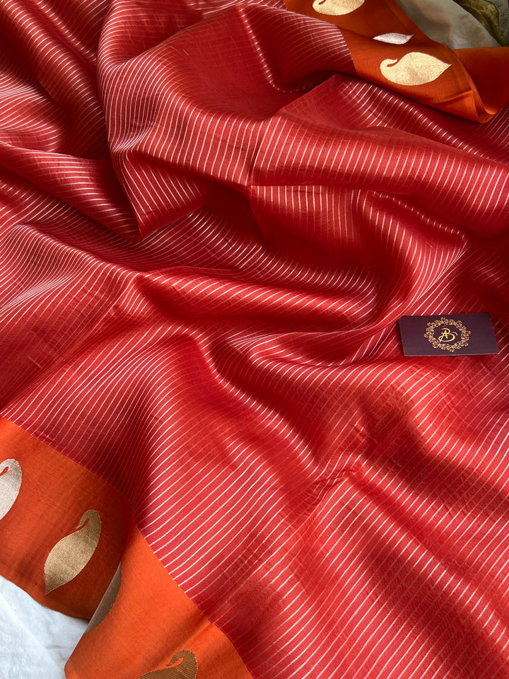 Orange Banarasi Handloom Kora Silk Saree