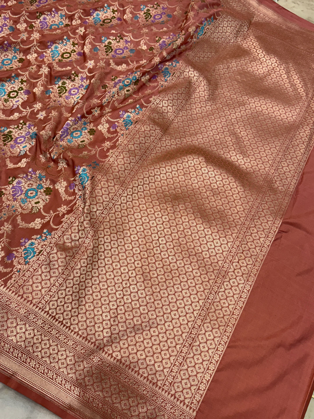 Dusty Peach Pure Katan Satin Silk Handloom Banarasi Saree