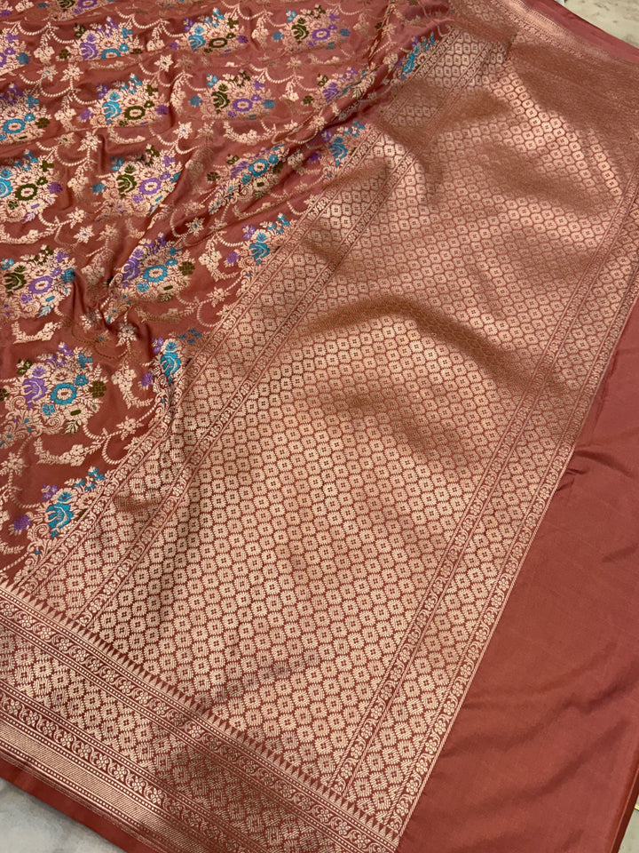 Dusty Peach Pure Katan Satin Silk Handloom Banarasi Saree