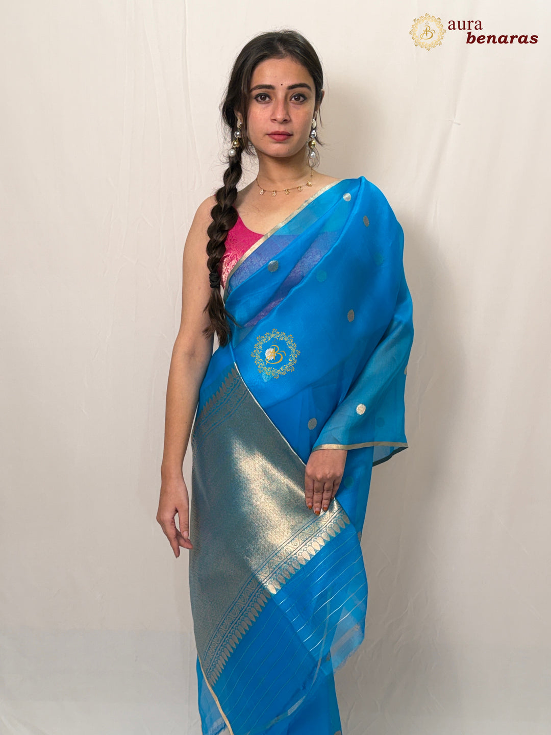 Firozi Blue Pure Kora silk Handloom Banarasi Saree