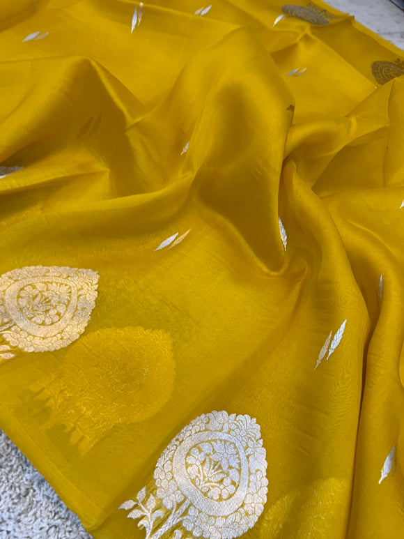 Yellow Banarasi Handloom Kora Silk Saree - Aura Benaras