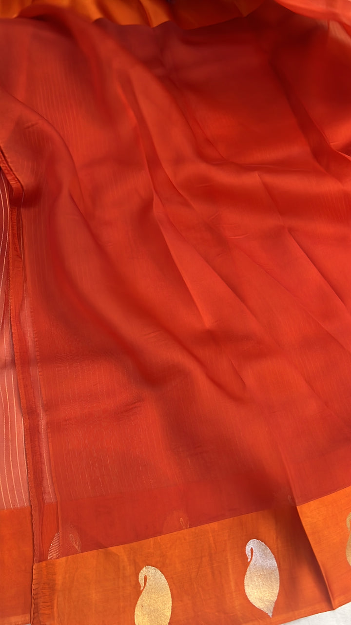 Orange Banarasi Handloom Kora Silk Saree