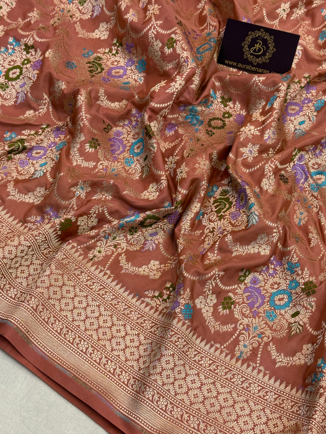 Dusty Peach Pure Katan Satin Silk Handloom Banarasi Saree