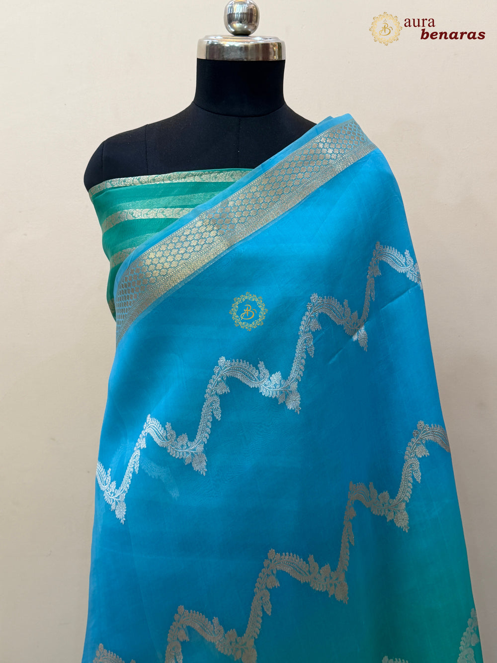 Blue-Sea Green shaded Kora Silk Banarasi Saree Leheriya Zari Pattern