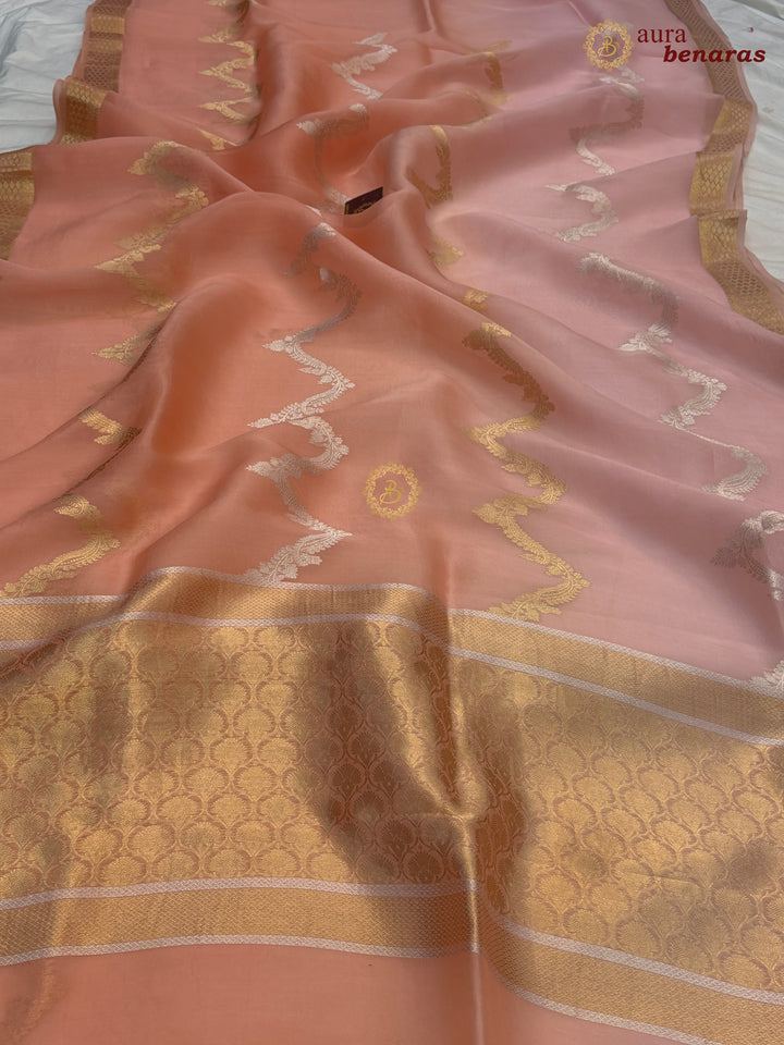 Baby Pink-Peach Kora Silk Banarasi Saree Leheriya Zari Pattern