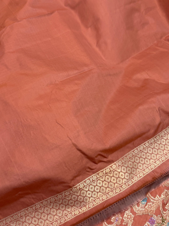 Dusty Peach Pure Katan Satin Silk Handloom Banarasi Saree