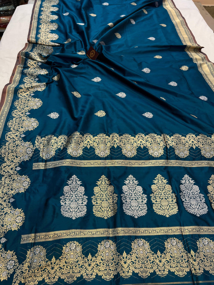 Teal Banarasi Handloom Katan Silk Saree - Aura Benaras