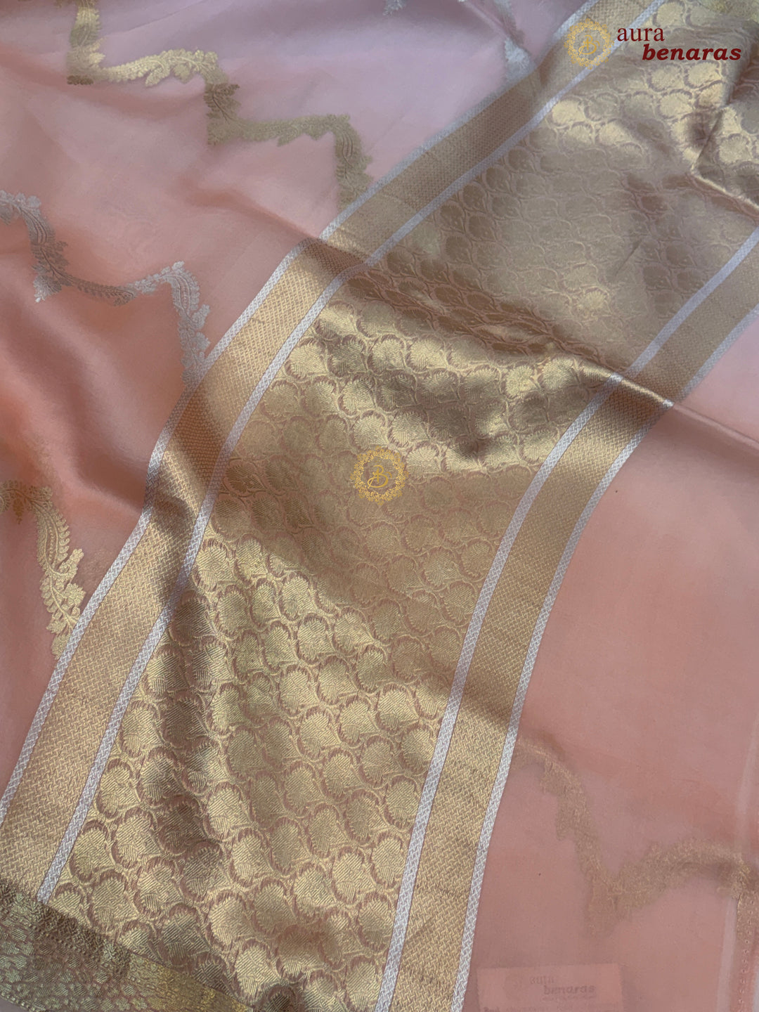 Baby Pink-Peach Kora Silk Banarasi Saree Leheriya Zari Pattern
