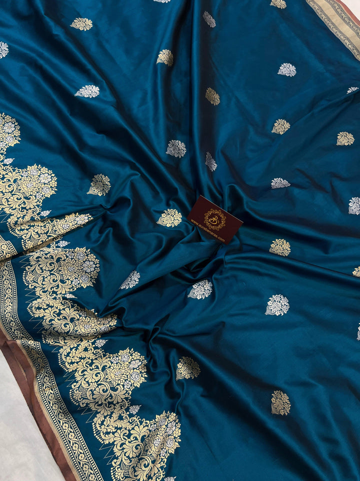 Teal Banarasi Handloom Katan Silk Saree - Aura Benaras