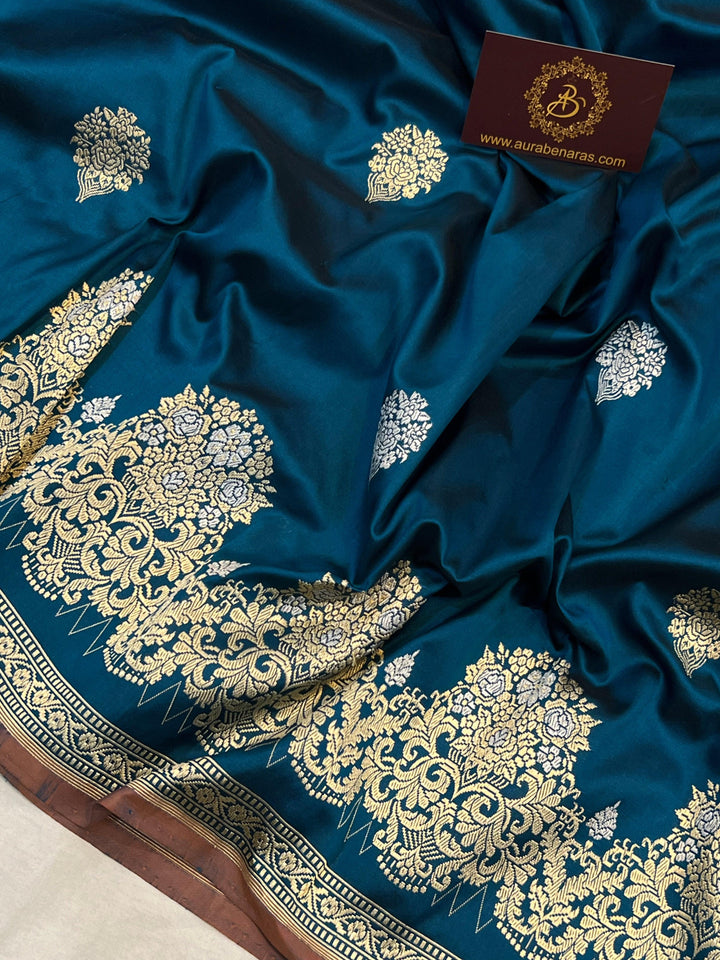 Teal Banarasi Handloom Katan Silk Saree - Aura Benaras