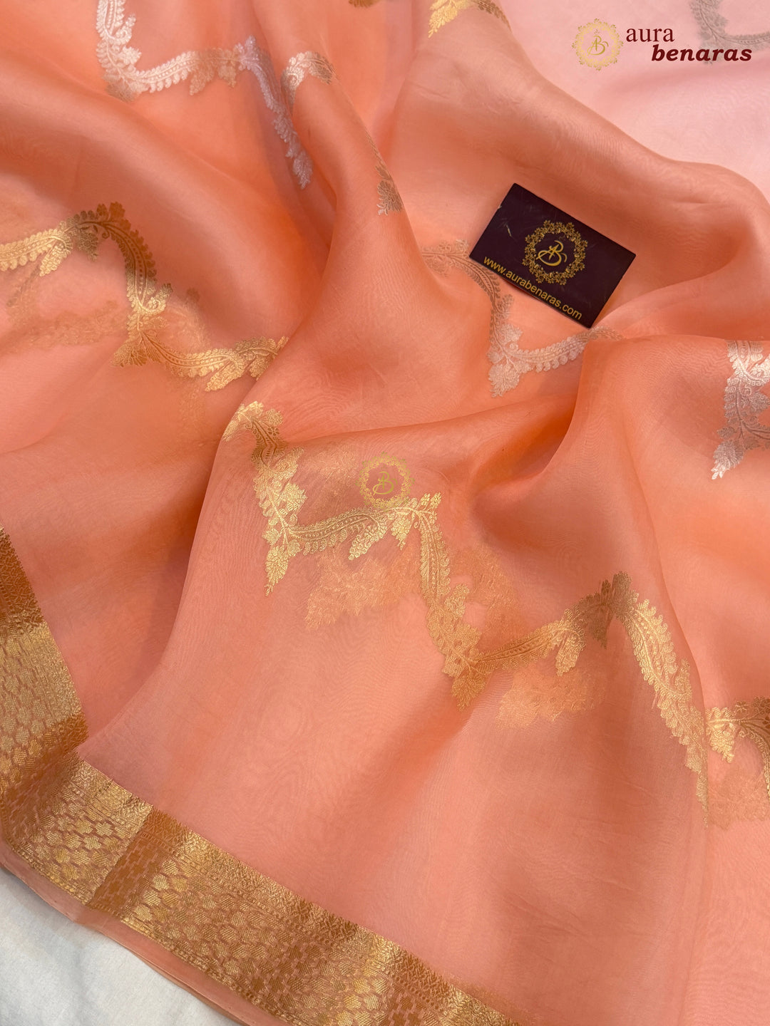 Baby Pink-Peach Kora Silk Banarasi Saree Leheriya Zari Pattern