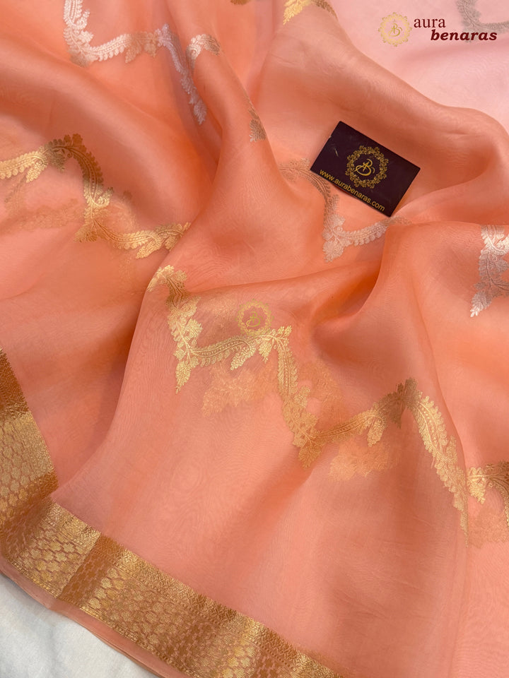 Baby Pink-Peach Kora Silk Banarasi Saree Leheriya Zari Pattern