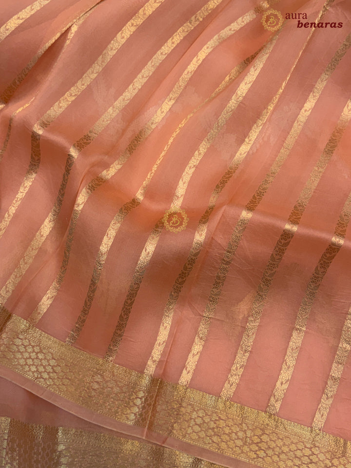 Baby Pink-Peach Kora Silk Banarasi Saree Leheriya Zari Pattern