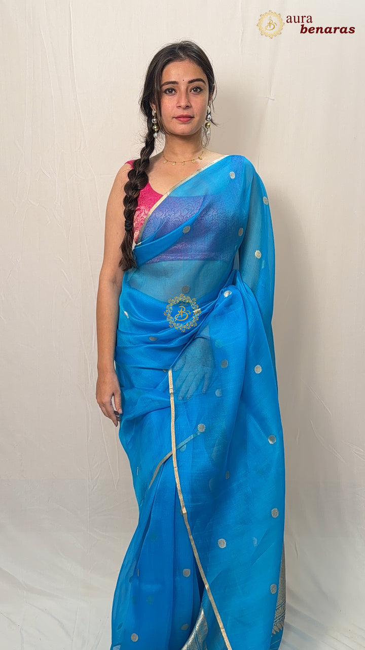 Firozi Blue Pure Kora silk Handloom Banarasi Saree