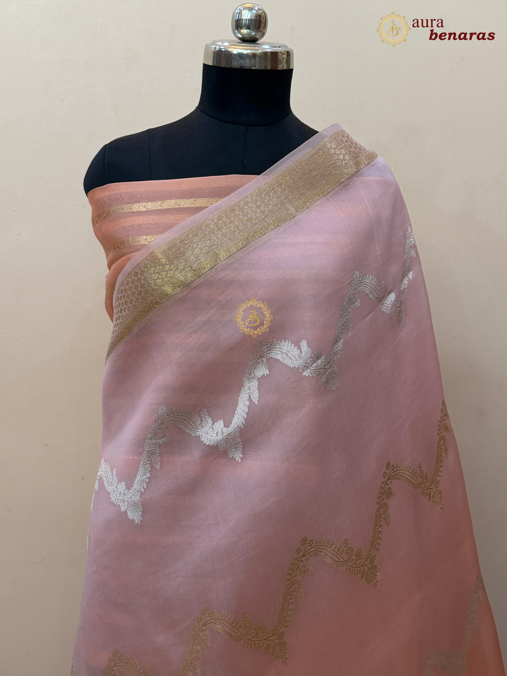 Baby Pink-Peach Kora Silk Banarasi Saree Leheriya Zari Pattern