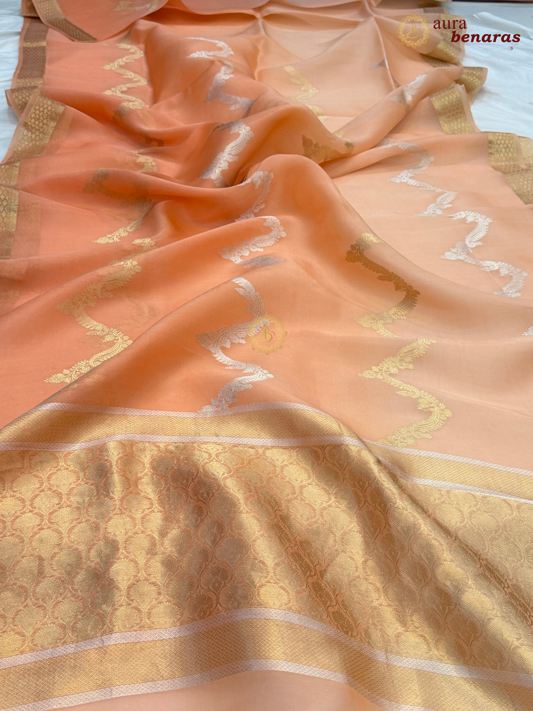 Pastel Peach - Peach Kora Silk Banarasi Saree Leheriya Zari Pattern