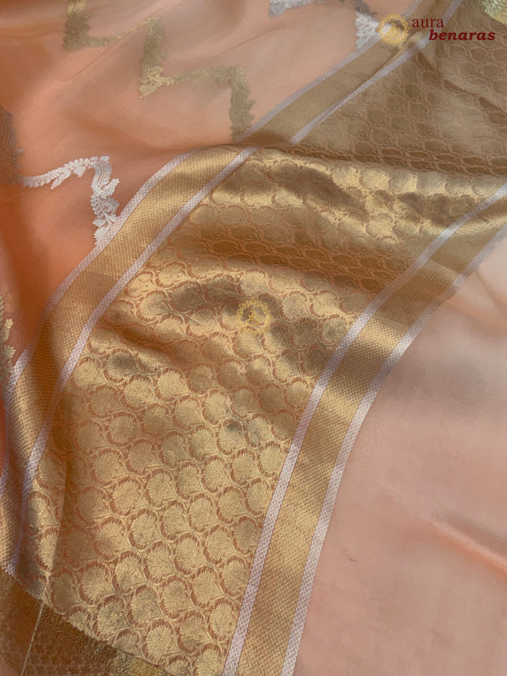 Pastel Peach - Peach Kora Silk Banarasi Saree Leheriya Zari Pattern