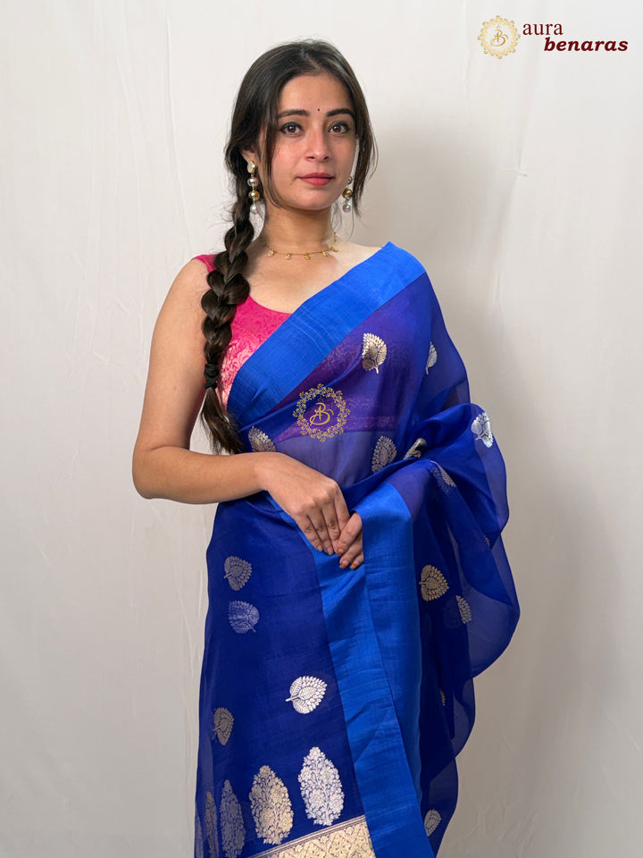 Royal Blue Pure Kora Silk Handloom Banarasi Saree