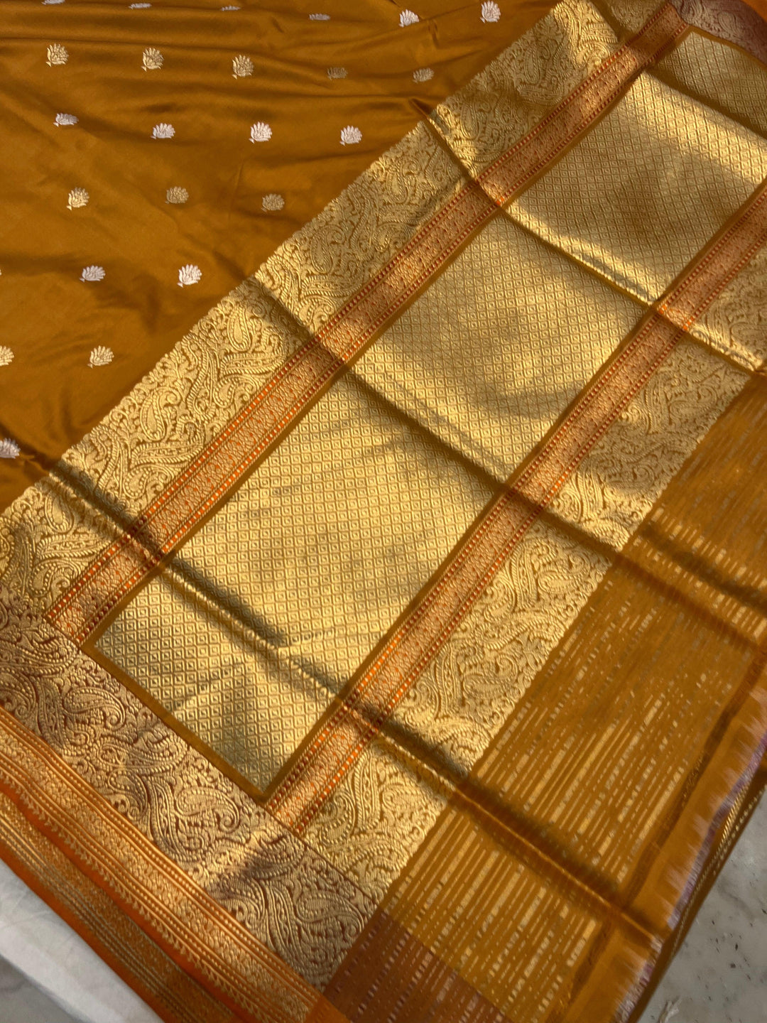 Mustard Yellow Banarasi Handloom Katan Silk Saree - Aura Benaras
