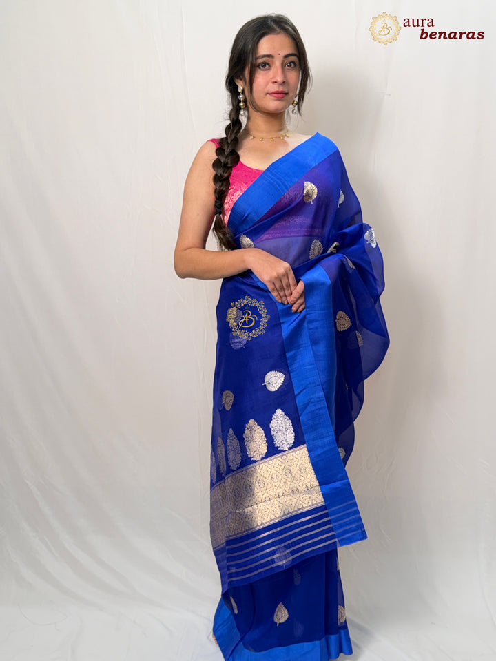 Royal Blue Pure Kora Silk Handloom Banarasi Saree