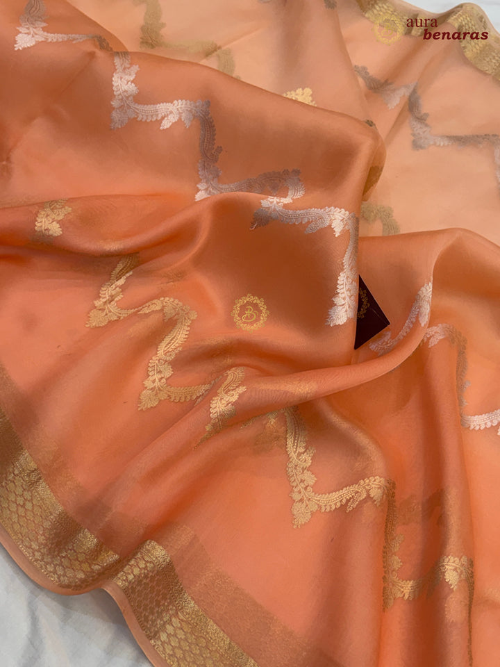 Pastel Peach - Peach Kora Silk Banarasi Saree Leheriya Zari Pattern