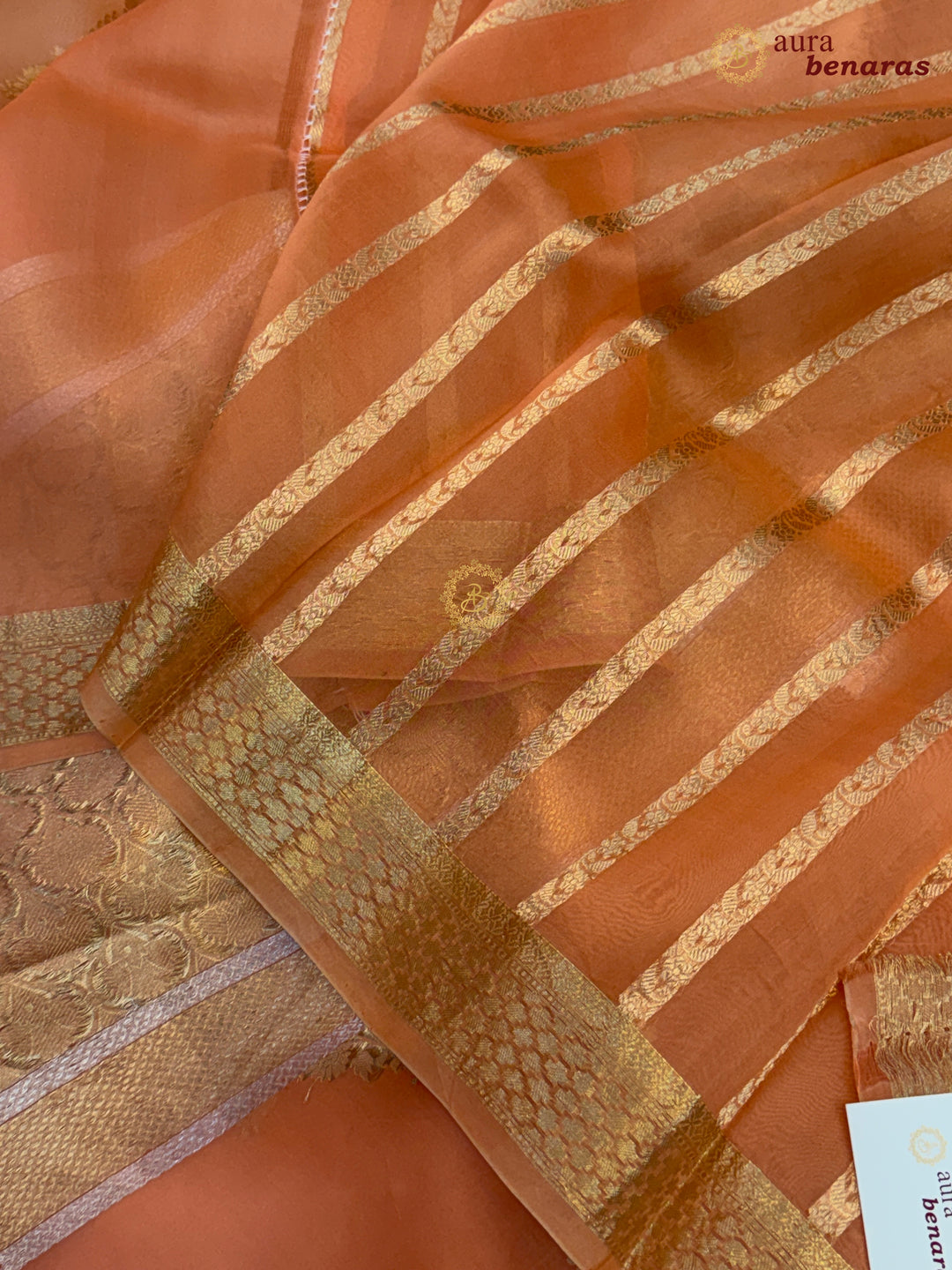 Pastel Peach - Peach Kora Silk Banarasi Saree Leheriya Zari Pattern