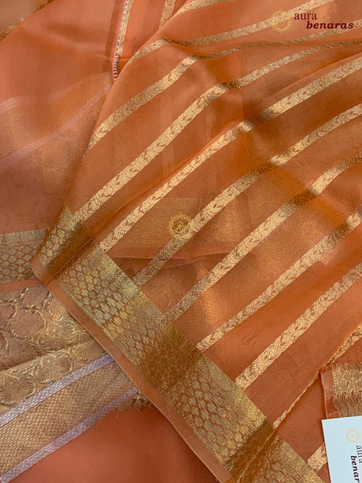 Pastel Peach - Peach Kora Silk Banarasi Saree Leheriya Zari Pattern