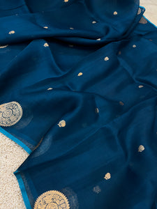 Peacock Blue Banarasi Handloom Kora Silk Saree - Aura Benaras