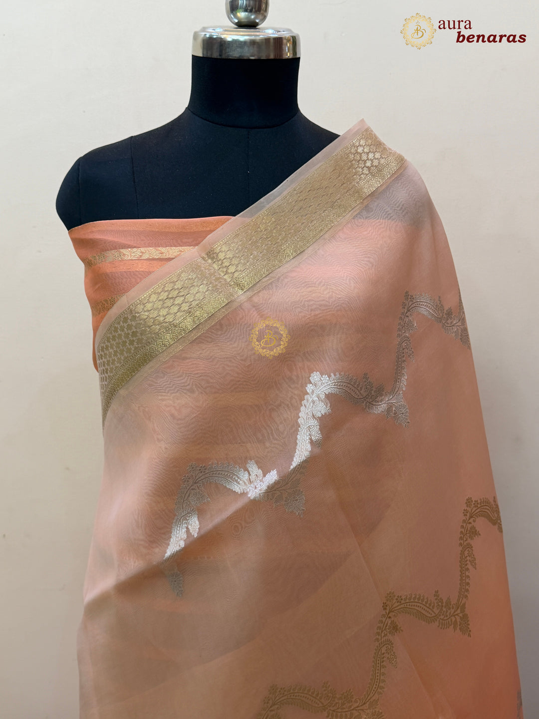 Pastel Peach - Peach Kora Silk Banarasi Saree Leheriya Zari Pattern