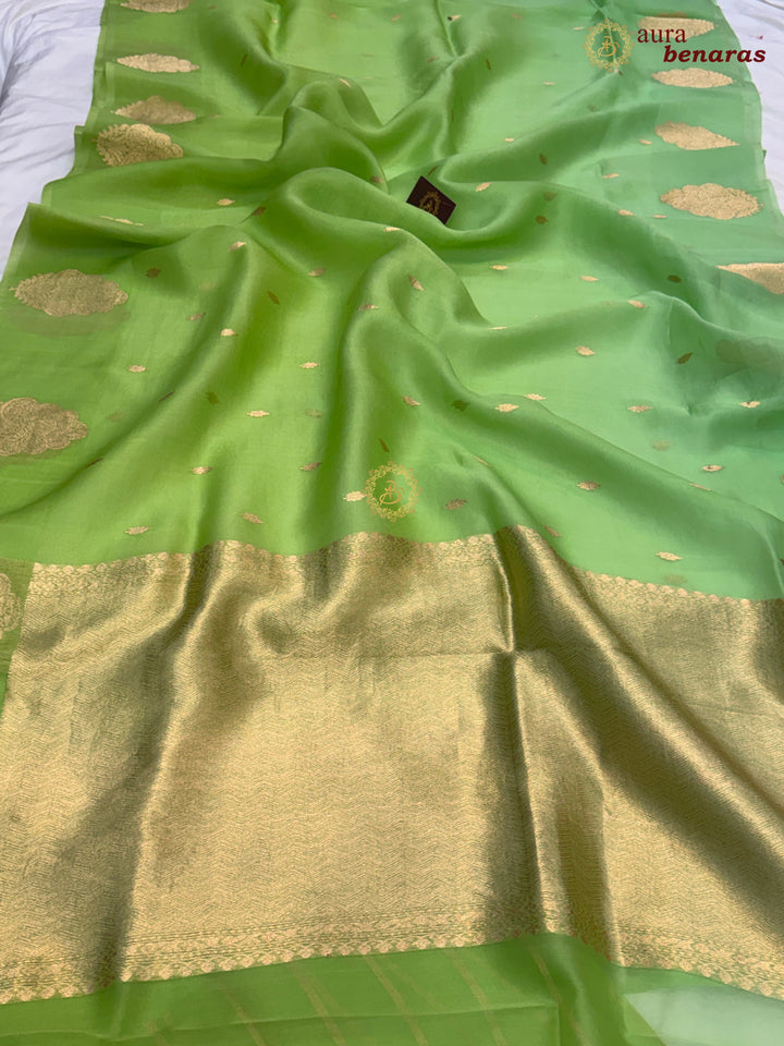 Green Kora Silk Banarasi Saree with Sona Rupa Butis 
