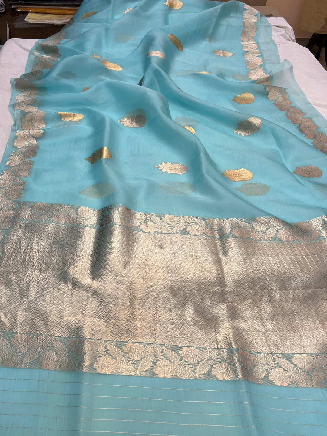 Sky Blue Pure Kora Silk Handloom Banarasi Saree