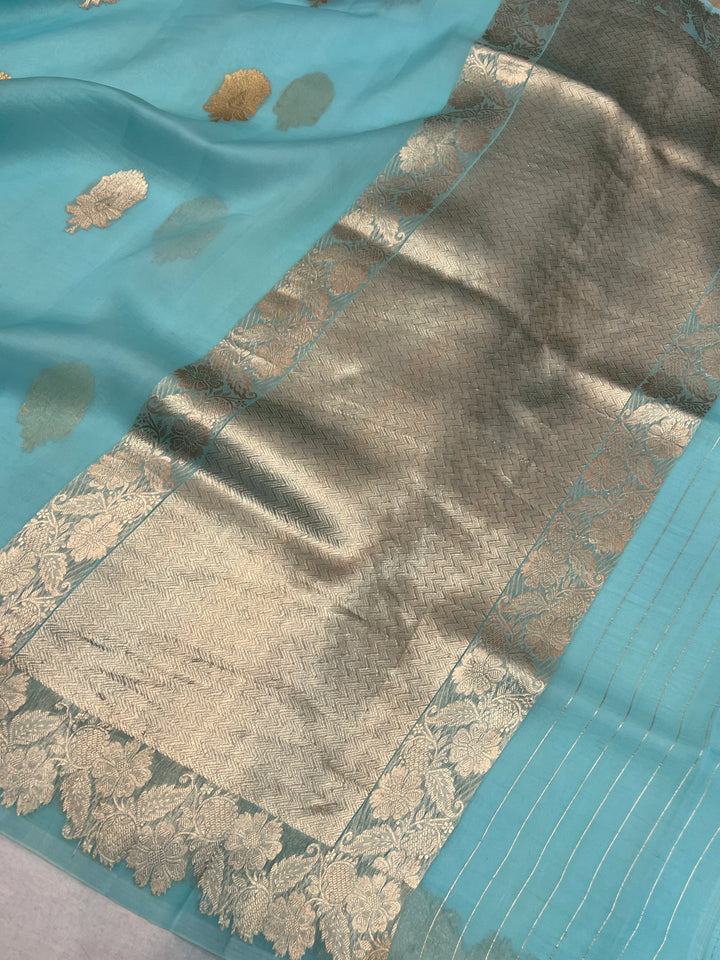Sky Blue Pure Kora Silk Handloom Banarasi Saree