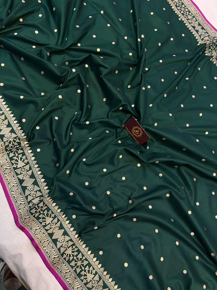 Bottle Green Banarasi Handloom Katan Silk Saree - Aura Benaras