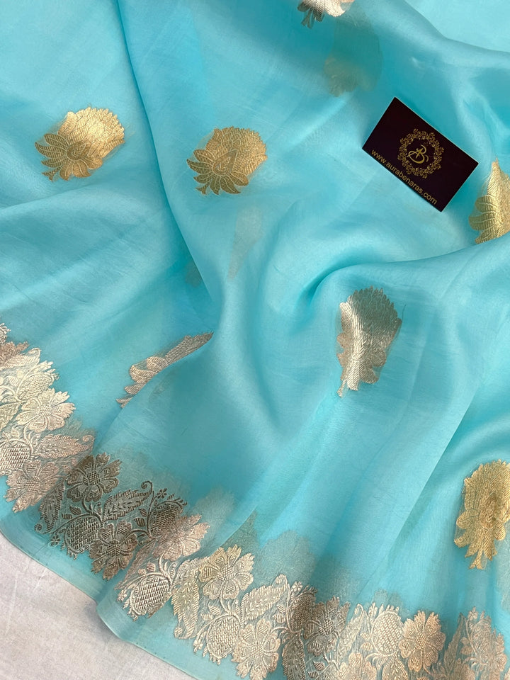 Sky Blue Pure Kora Silk Handloom Banarasi Saree