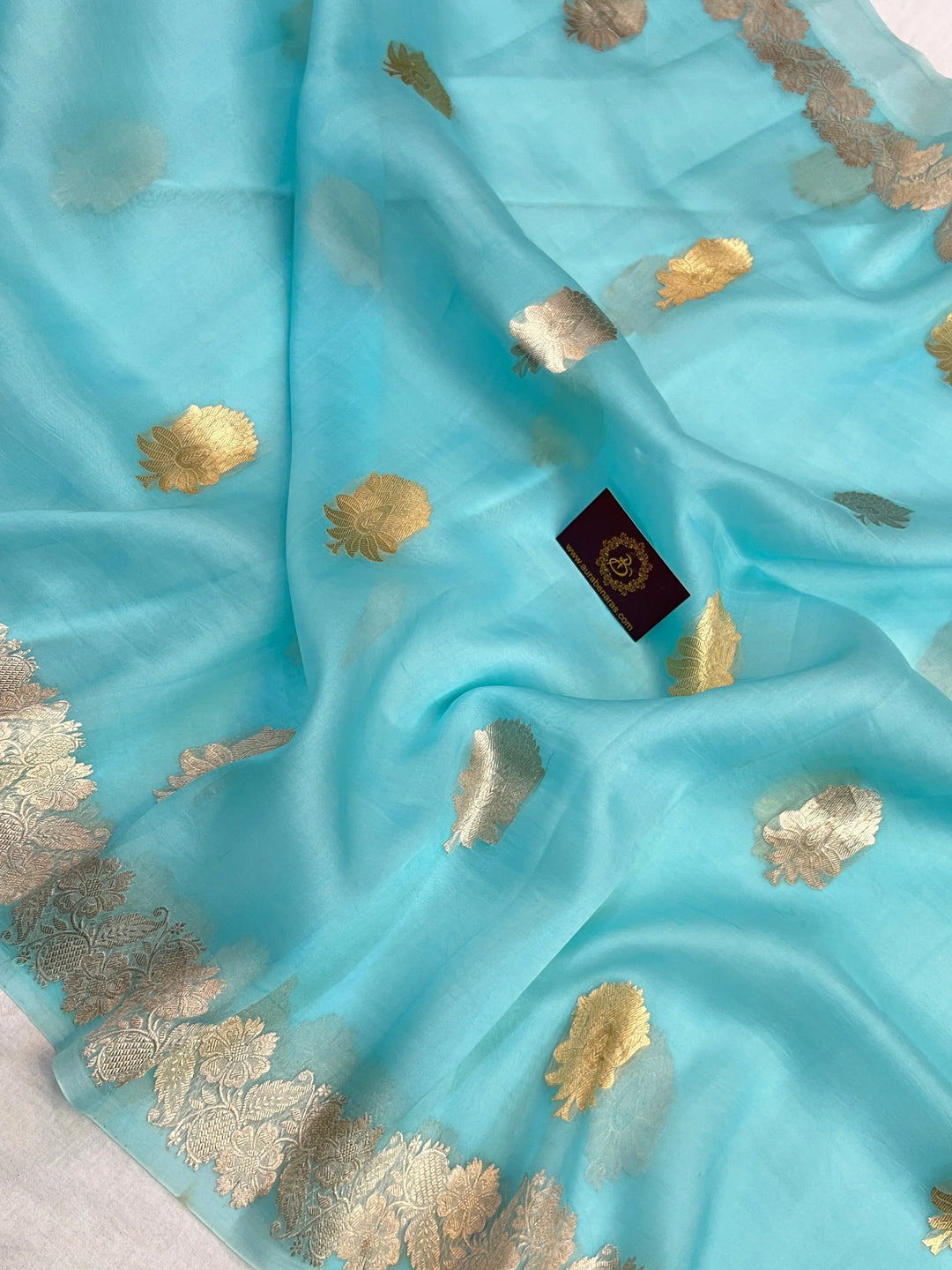 Sky Blue Pure Kora Silk Handloom Banarasi Saree
