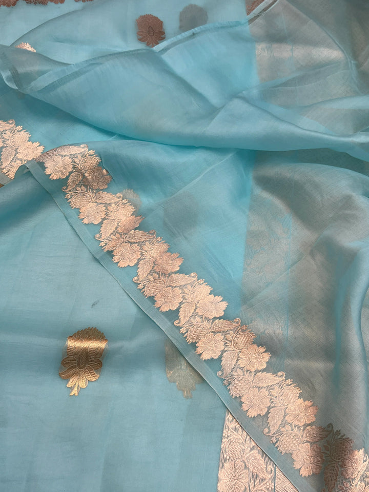 Sky Blue Pure Kora Silk Handloom Banarasi Saree